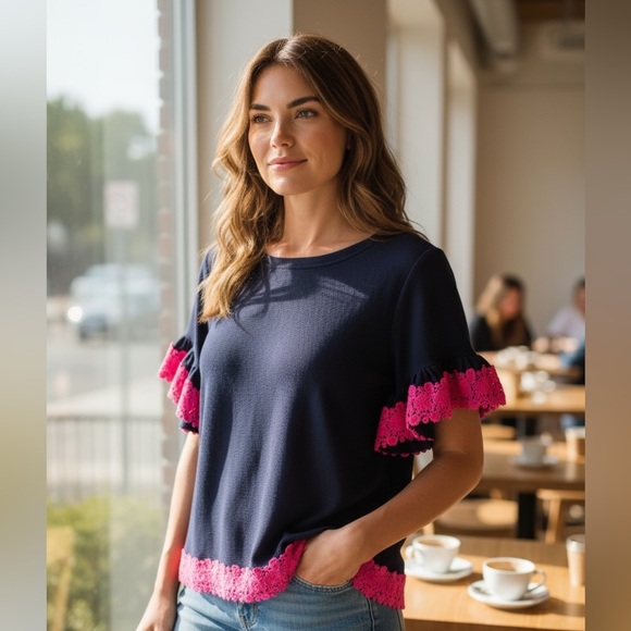 Sail to Sable Tops - Sail to Sable Navy Blouse with Pink Trim